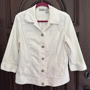 Chicos Platinum Jean Jacket Womens 3 White 3/4 Sleeve Button Collared Pockets - Picture 1 of 7