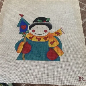 handpainted needlepoint canvas Snowman Red Bird House Christmas 8x8” Square JR - Picture 1 of 1