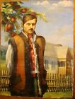 Ukrainian Soviet Oil Painting realism male portrait Hutsul folk costume apple