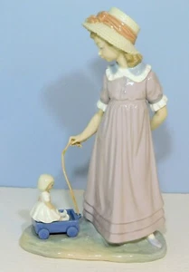 Lladro Girl With Toy Wagon Pulling Doll #5044 Glossy Porcelain Figurine - Picture 1 of 8