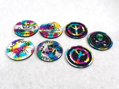 Lot of 7 Slammers Pogs Skull Cross Bones Spider Snake Venom Peace Sign Plastic - Image 1 of 4