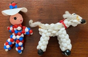 Vintage Hand Painted Beaded Pendants - Red White Blue Dog & Boy w Wooden Face - Picture 1 of 4
