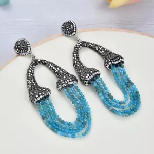 Natural Round Blue Kyanite Black Macarsite CZ Stud Earrings For Women Gifts - Picture 1 of 6
