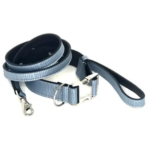 Blue Embossed Leather Collar & Leash, 17"-20" - Picture 1 of 6