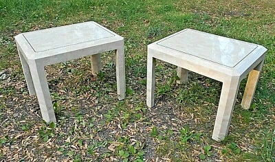 RARE PAIR OF VINTAGE MID CENTURY MODERN INLAID TESSILATED MARBLE END TABLES - Image 1 of 4