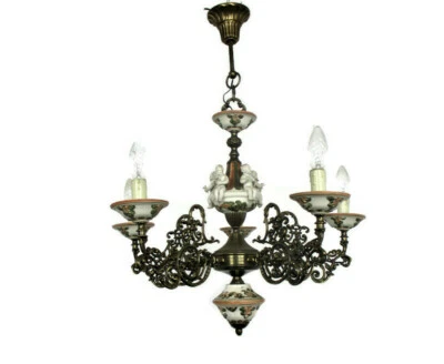 Vintage Capodimonte style chandelier 6 arm Lights Porcelain Putti Cherubs Eros   - Image 1 of 4