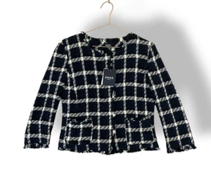 Marella Emme Tweed Blazer Jacket Checked Blue & Black Size UK 12 US 8 Fringe - Picture 1 of 9
