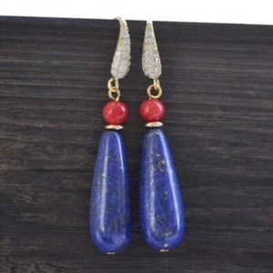 30mm Natural Drop blue lapis lazuli Red Coral Dangle Earring Casual Wedding - Picture 1 of 3