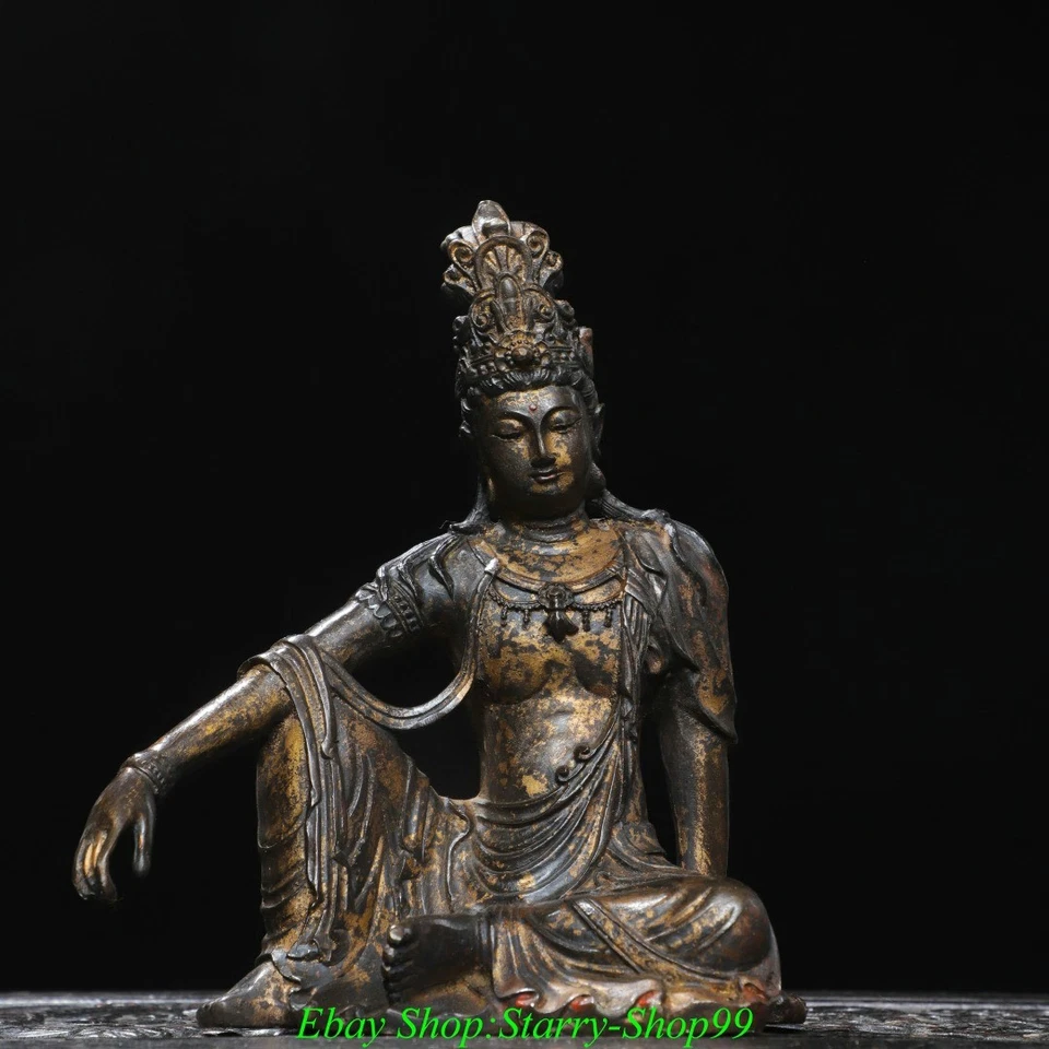 7.4" Old Dynasty Pure Bronze Gilt Kwan-yin Guan Yin Quanyin Bodhisattva Statue - Image 1 of 4
