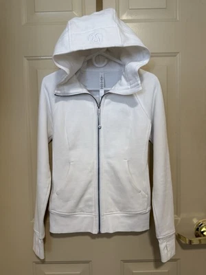 Moletom com capuz LULULEMON tamanho 4 algodão com capuz zíper completo furos para polegar #W4AWMS branco BOM - Imagem 1 de 4