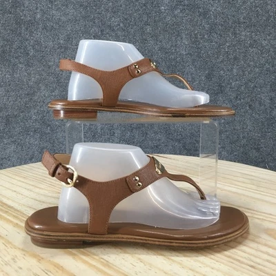 NUEVAS Sandalias Michael Kors Para Mujer 6 M MK Placa Cordones Tanga Planas Cuero Marrón Foto 1 de 4