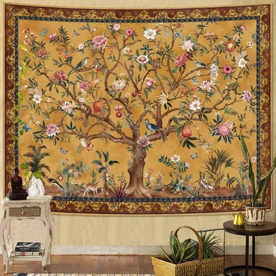 Boho Tree of LIfe Tapestry, Vintage Flower Leaves Birds Plant Animal Pattern ... - Image 1 of 4