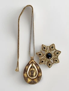 Vtg Demi Parure Large Gold Tone & Seed Pearl Necklace Tear Drop Pendant & Brooch - Picture 1 of 15