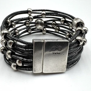 Trades By Haim Shahar Bracelet Starry Night Silver Beads Metallic Black Leather - Picture 1 of 17