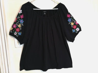 Talbots Womens Blouse 2X Plus Floral Blue Embroidered Shirt Top Short Sleeve - Image 1 of 4