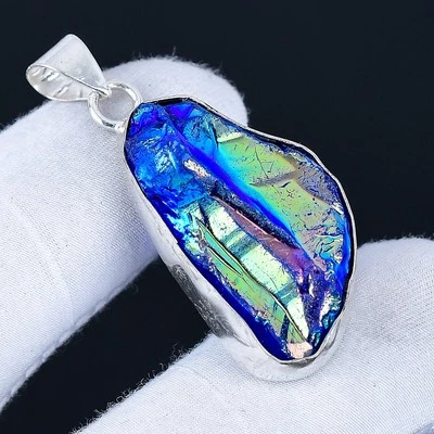 Blue Titanium Quartz 925 Silver Plated Handmade Pendant of 1.8" - Image 1 of 3