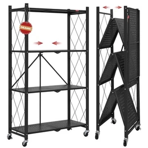 4 Tier Foldable Storage Shelves with Wheels, Large Capacity Shelving Unit, Fr... - Picture 1 of 10