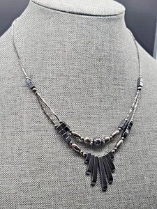 Hematite & Silver 10" Hematite Double Necklace Pendent Drop Barrel Clasps - Picture 1 of 5
