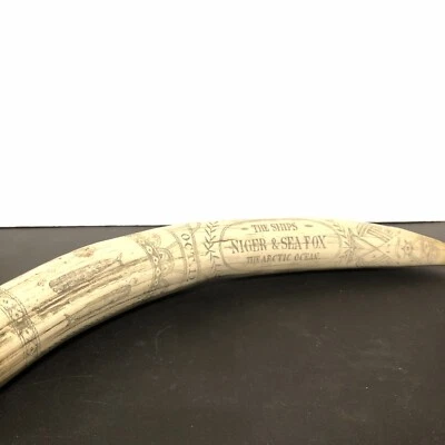 Colmillo de morsa Scrimshaw RÉPLICA DE RESINA el barco "NIGER AND SEA FOX" Foto 1 de 4
