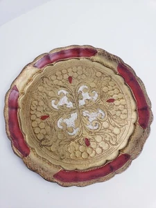 Vintage Italian Florentine Serving Tray Red Gold Made in Italy Scalloped Edge - Picture 1 of 11