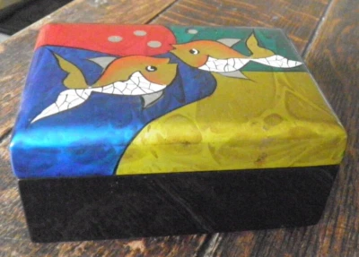 Lacquered Jewelry Box, Fishes Design , Mirrored, Red Lining Pisces  vgc - Image 1 of 3