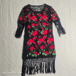 Black Red Rose EMBROIDERED Floral Flapper Dress Fringe Size L - Picture 1 of 17
