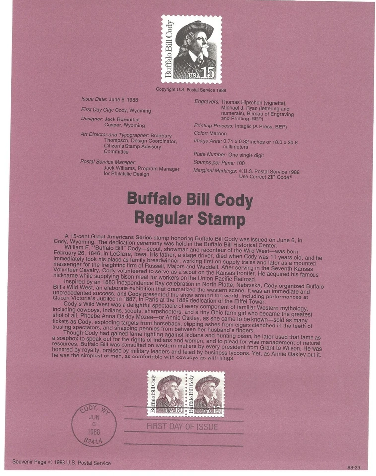 USPS Souvenir First Day Of Issue Comm Stamp 6/6/88 Buffalo Bill Cody 15c - Image 1 of 1