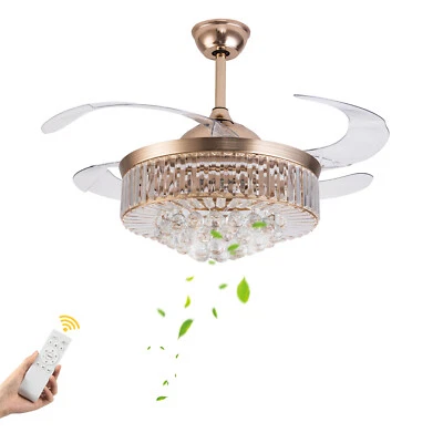 42" Crystal Chandelier Invisible Ceiling Fan Light Lamp 3-Color LED w/Remote - Image 1 of 4