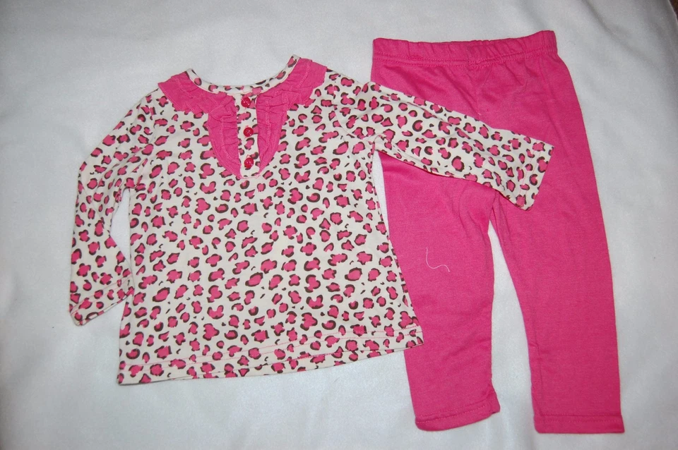 Niño Niña Bebé 2 PIEZAS CONJUNTO Volantes Estampado Leopardo L/S Camisa ROSA Pantalones 12 Mo Foto 1 de 1