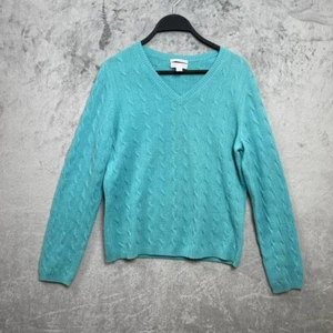 Preppy Cashmere Turquoise Cable Knit V-Neck Pullover Sweater Medium Minimalist - Picture 1 of 6