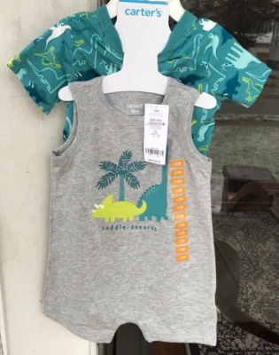 Bebé Niño Carters 12 meses 2 piezas Mamelucos Dino Dinosaurio Estampado Verde azulado/gris $32 Nuevo H Foto 1 de 4