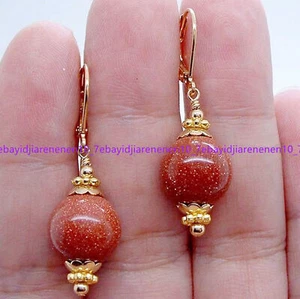New 12mm Handmade Gold Sand Stone Gems Gold Plated Leverback Dangle Earrings - Picture 1 of 12