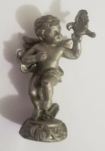 Estatuilla de 4" vintage SUN 6 oz de ángel de peltre con pájaro paloma encaramado - Imagen 1 de 5