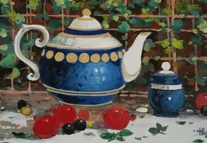 TR Artist Tempera Original Painting Aceo Gold Decor Gift Still Life Art Fruits - Picture 1 of 1