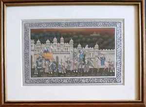 VINTAGE WATERCOLOUR ON COTTON CANVAS "RAJ INDIAN PARADING" - Picture 1 of 6