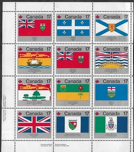 Canadá # 832 MNH Hoja de 9 sellos individuales diferentes que representan banderas de provincia - Imagen 1 de 1