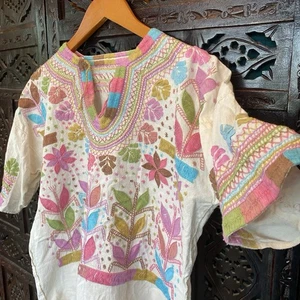 Vintage bunte Handarbeit bestickt S/M Top Tunika 100% Baumwolle Damen 70er Frida - Bild 1 von 16