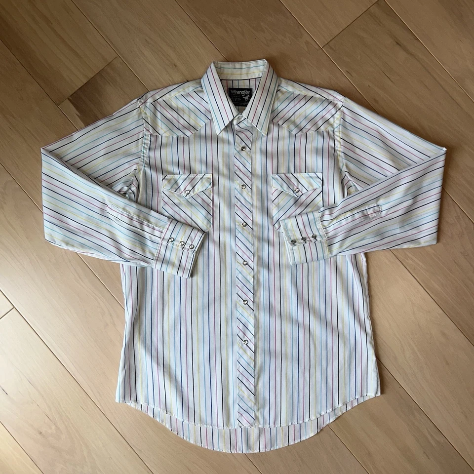 Vintage Wrangler Brushpopper Pearl Snap Striped Shirt Long Sleeve Men’s 16.5-35 - Image 1 of 4
