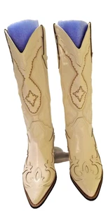 Western Applique Cutout Cowgirl Boots Ivory Med Calf Block Heel Sz 6.5 Eu 37 - Picture 1 of 12