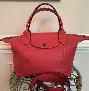 Longchamp Le Pliage Cuir Leather Bag RUBY RED AUTHENTIC - In Perfect Condition - Picture 1 of 11