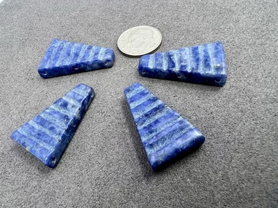 4 Vintage 3x Drilled Triangle Lapis Lazuli Beads Connectors Egyptian 28x14mm B - Image 1 of 4