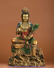 14.4" Qianlong Marked China Bronze painting Buddhism Guanyin Dragon Statue