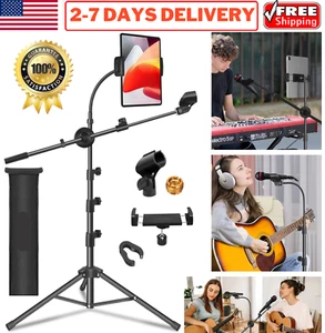 Microphone Stand with Tablet Phone Holder Boom Gooseneck Mic Adjustable Tripod - Picture 1 of 24