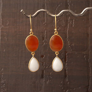 Plain Polished Orange Chalcedony White Agate Gold Plated Bezel Set Drop Earring