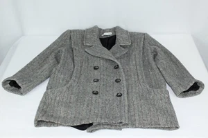 Women's M ? Medium Herman Kay Gray Herringbone Wool Double Breasted Coat Jacket - Picture 1 of 4