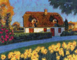 ORIGINAL OIL PAINTING, SUNNY IRISH COTTAGE & FLOWERS, IRELAND, listed artist NR! - Picture 1 of 1