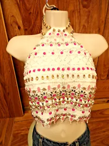 RACHEL ALLEN Beaded Tank Bodice Top Halter Built in Cups Zip Back White Pink - Picture 1 of 12