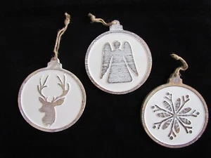 Reindeer ANGEL snowflake carved whitewash Christmas Ornament Primitive style 3pc - Picture 1 of 6