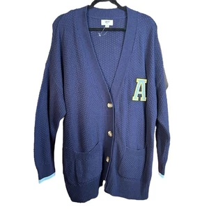 AERIE | Collegiate Letter A Navy Blue Button Front Cardigan Oversized Sz Medium - Picture 1 of 15