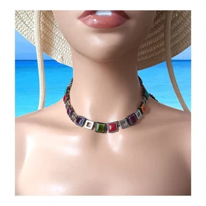 Splendida collana Ikita Paris VINTAGE Art Nouveau perle ceramica tono argento.  - Foto 1 di 12